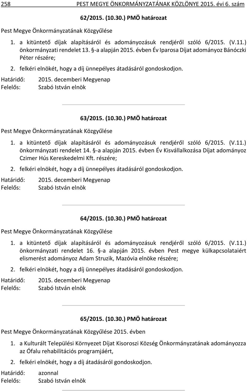 a kitüntető díjak alapításáról és adományozásuk rendjéről szóló 6/2015. (V.11.) önkormányzati rendelet 14. -a alapján 2015. évben Év Kisvállalkozása Díjat adományoz Czimer Hús Kereskedelmi Kft.