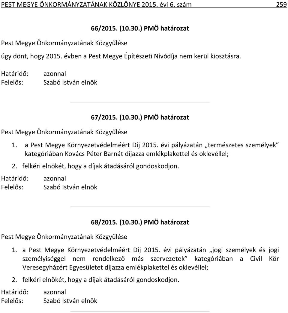 évi pályázatán természetes személyek kategóriában Kovács Péter Barnát díjazza emlékplakettel és oklevéllel; 2. felkéri elnökét, hogy a díjak átadásáról gondoskodjon. azonnal 68/2015. (10.