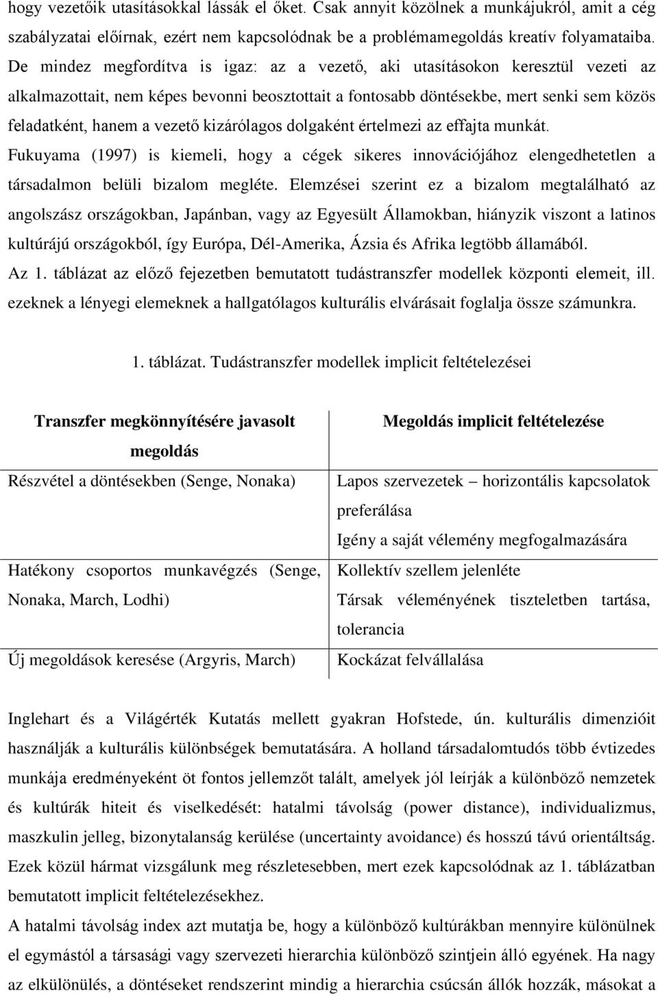 vezető kizárólagos dolgaként értelmezi az effajta munkát. Fukuyama (1997) is kiemeli, hogy a cégek sikeres innovációjához elengedhetetlen a társadalmon belüli bizalom megléte.