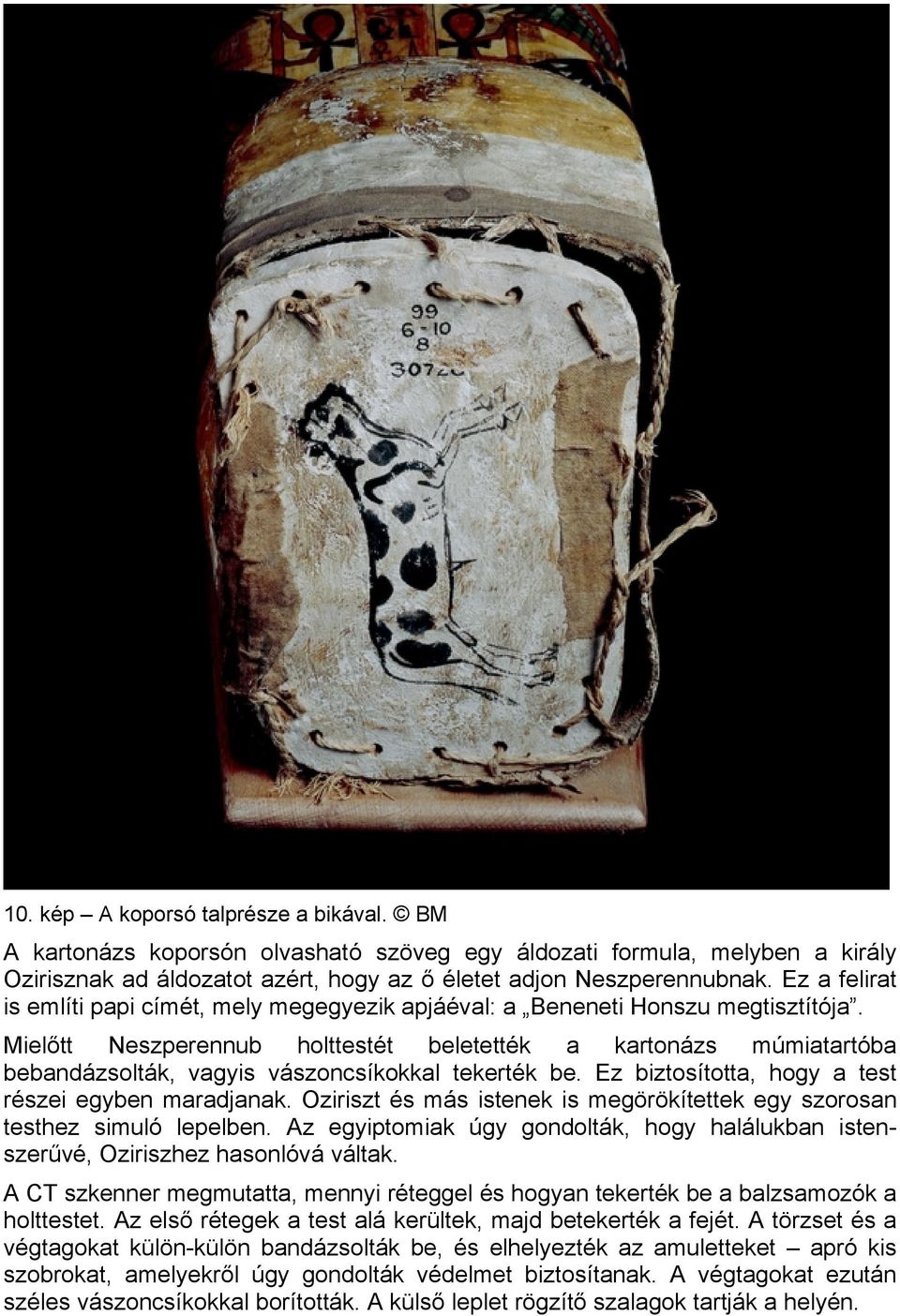 Mielőtt Neszperennub holttestét beletették a kartonázs múmiatartóba bebandázsolták, vagyis vászoncsíkokkal tekerték be. Ez biztosította, hogy a test részei egyben maradjanak.