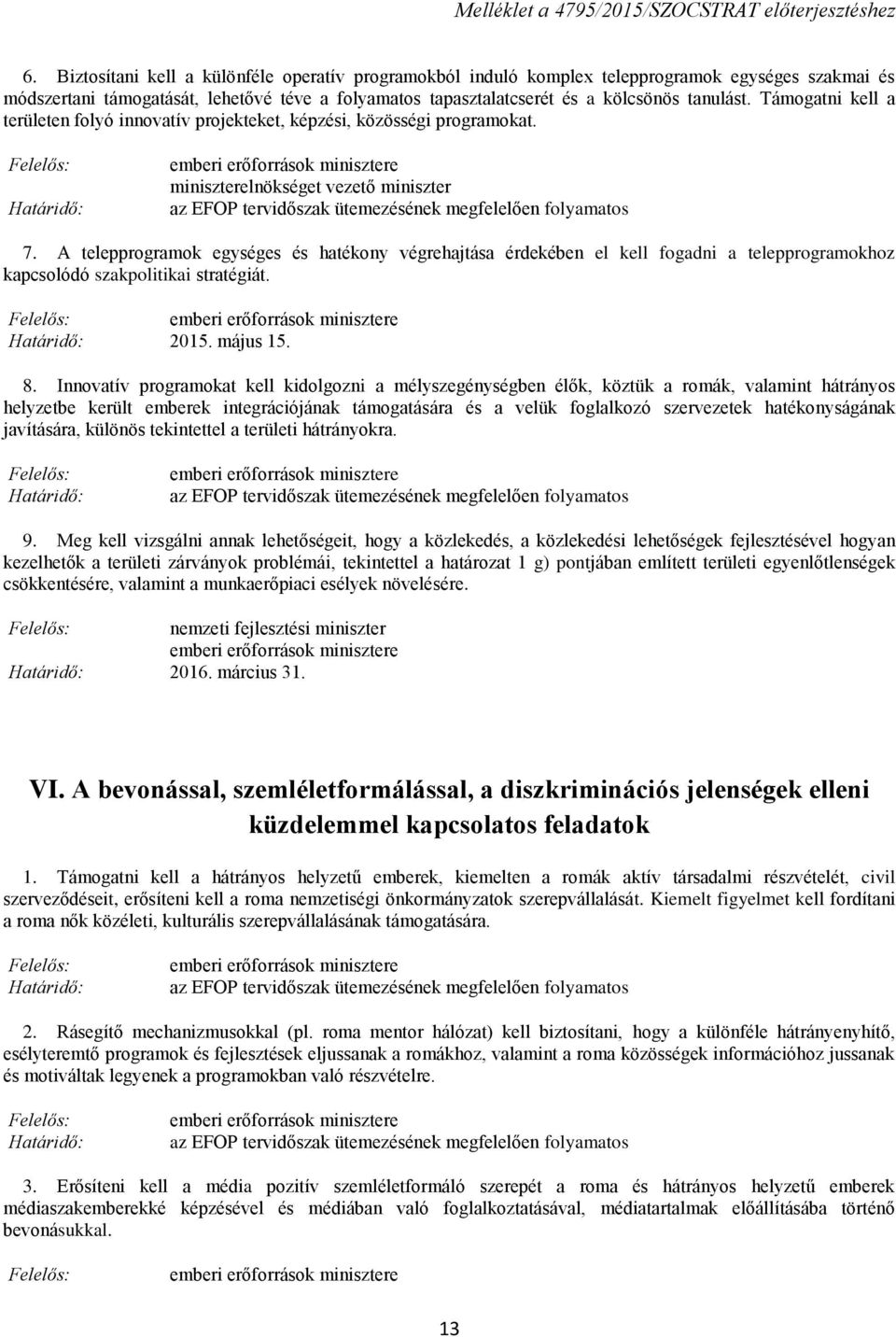 A telepprogramok egységes és hatékony végrehajtása érdekében el kell fogadni a telepprogramokhoz kapcsolódó szakpolitikai stratégiát. 2015. május 15. 8.