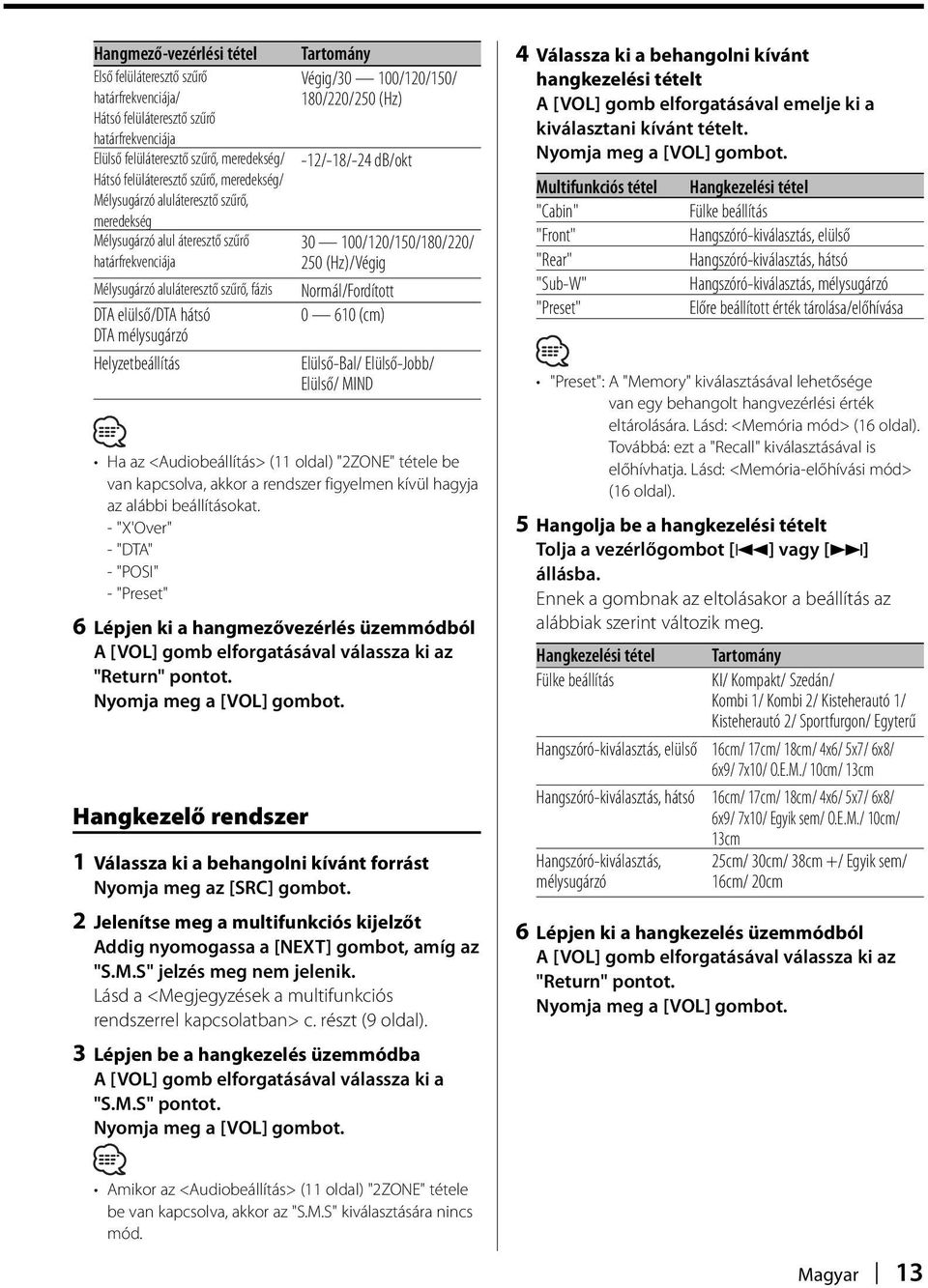 (Hz)/Végig Mélysugárzó aluláteresztő szűrő, fázis Normál/Fordított DTA elülső/dta hátsó 0 610 (cm) DTA mélysugárzó Helyzetbeállítás Elülső-Bal/ Elülső-Jobb/ Elülső/ MIND Ha az <Audiobeállítás> (11