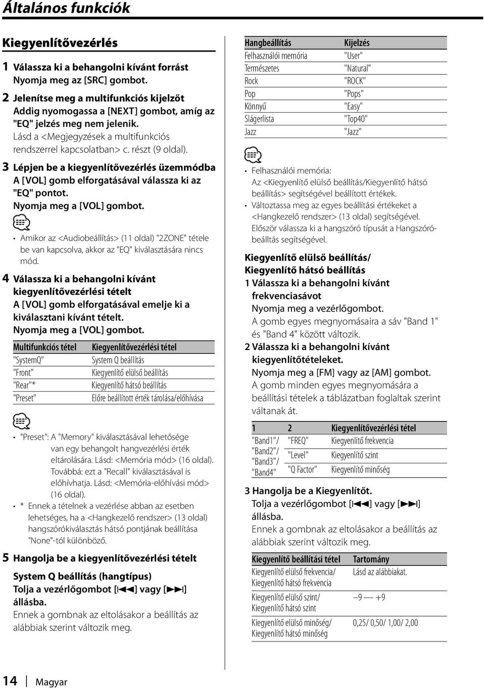 3 Lépjen be a kiegyenlítővezérlés üzemmódba "EQ" pontot. Amikor az <Audiobeállítás> (11 oldal) "2ZONE" tétele be van kapcsolva, akkor az "EQ" kiválasztására nincs mód.