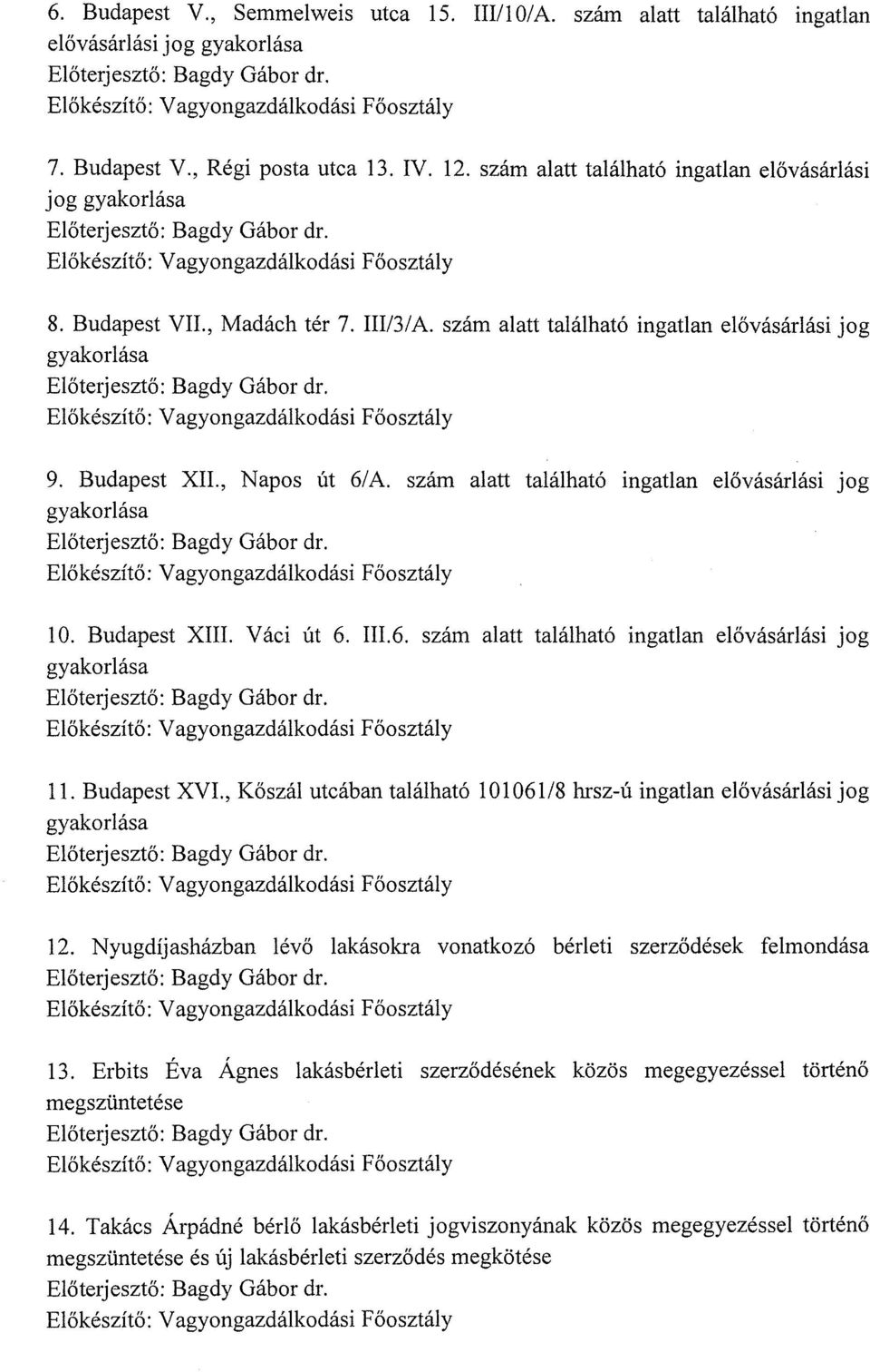 szám alatt található ingatlan elővásárlási jog gyakorlása Előkészítő: Vagyongazdálkodási Főosztály 9. Budapest XII., Napos út 6/A.