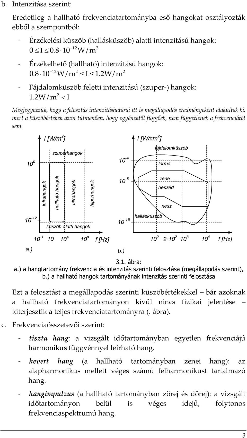 w/ m I Megjegyezzük, hogy a felosztás intenzitáshatárai itt is megállapodás eredményeként alakultak ki, mert a küszöbértékek azon túlmenően, hogy egyénektől függőek, nem függetlenek a frekvenciától