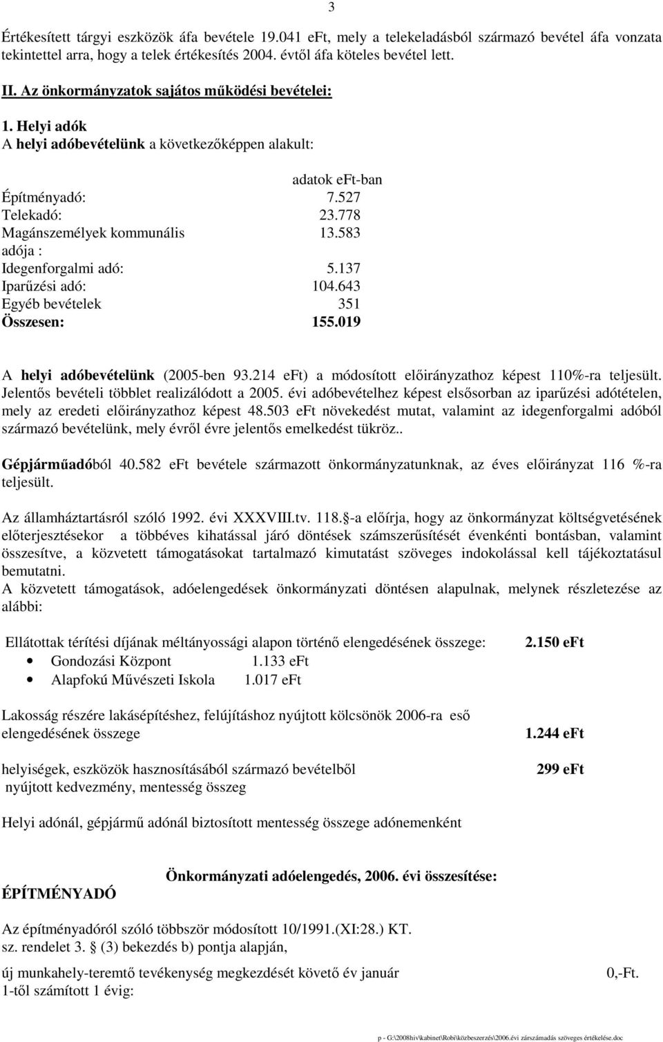 583 adója : Idegenforgalmi adó: 5.137 Iparőzési adó: 104.643 Egyéb bevételek 351 Összesen: 155.019 A helyi adóbevételünk (2005-ben 93.214 eft) a módosított elıirányzathoz képest 110%-ra teljesült.