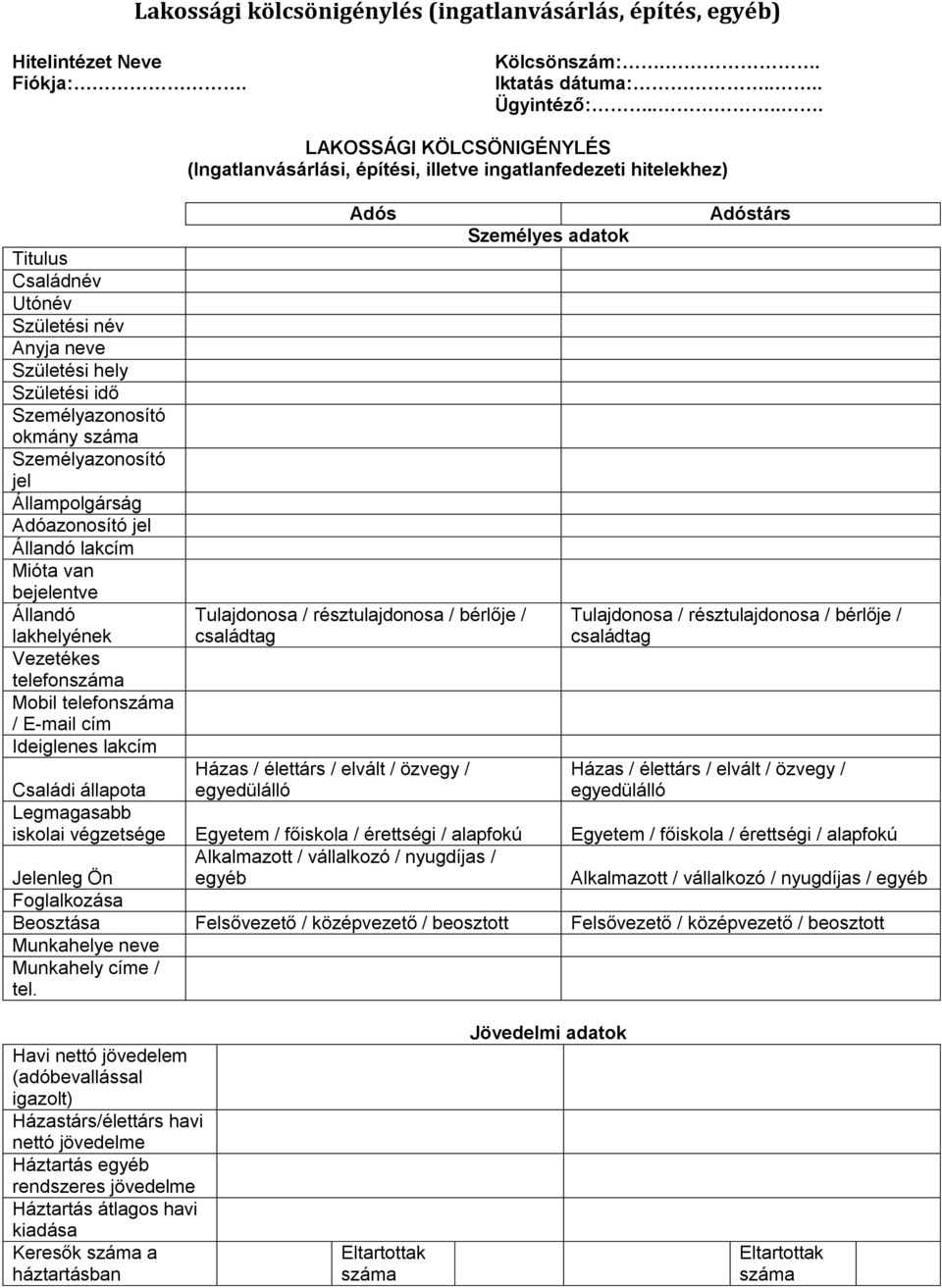 lakhelyének Vezetékes telefon Mobil telefon / E-mail cím Ideiglenes lakcím LAKOSSÁGI KÖLCSÖNIGÉNYLÉS (vásárlási, építési, illetve ingatlanfedezeti hitelekhez) Adós Tulajdonosa / résztulajdonosa /