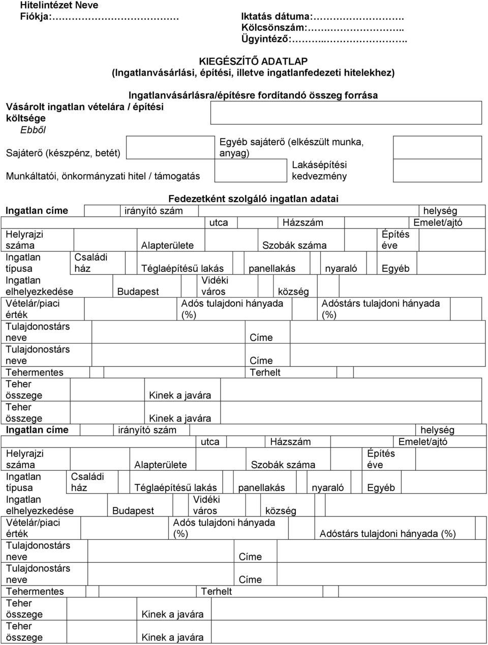 (elkészült munka, Sajáterő (készpénz, betét) Munkáltatói, önkormányzati hitel / támogatás anyag) Lakásépítési kedvezmény Fedezetként szolgáló ingatlan adatai címe irányító szám helység utca Házszám