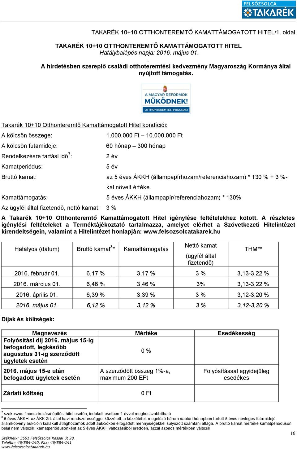 Takarék 10+10 Otthonteremtő Kamattámogatott Hitel kondíciói: A kölcsön összege: A kölcsön futamideje: Rendelkezésre tartási idő 7 : Kamatperiódus: 1.000.