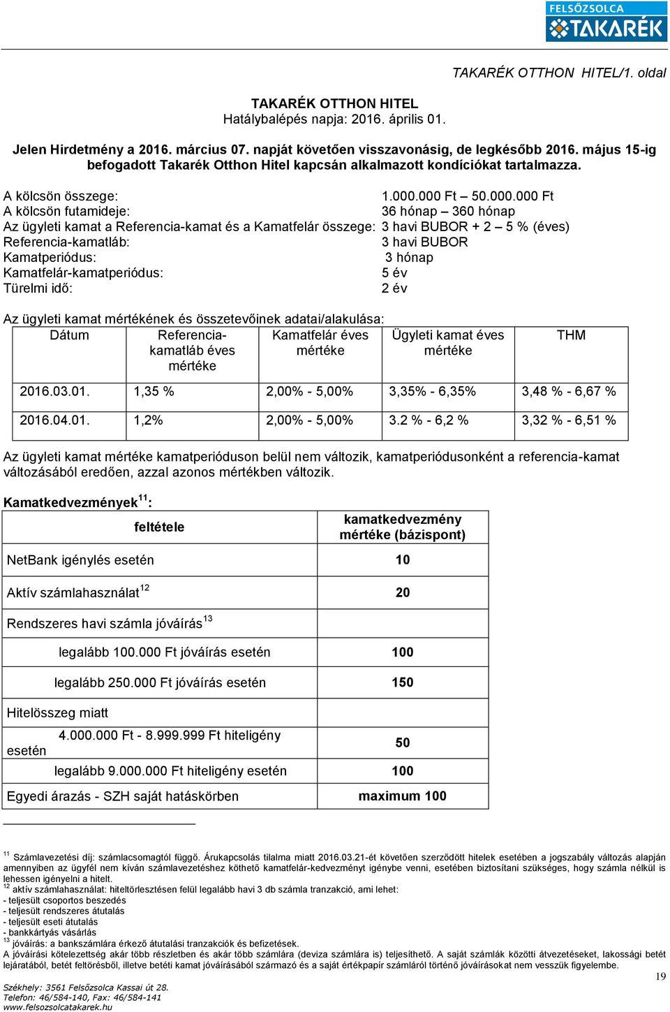 000 Ft 50.000.000 Ft A kölcsön futamideje: 36 hónap 360 hónap Az ügyleti kamat a Referencia-kamat és a Kamatfelár összege: 3 havi BUBOR + 2 5 % (éves) Referencia-kamatláb: 3 havi BUBOR Kamatperiódus: