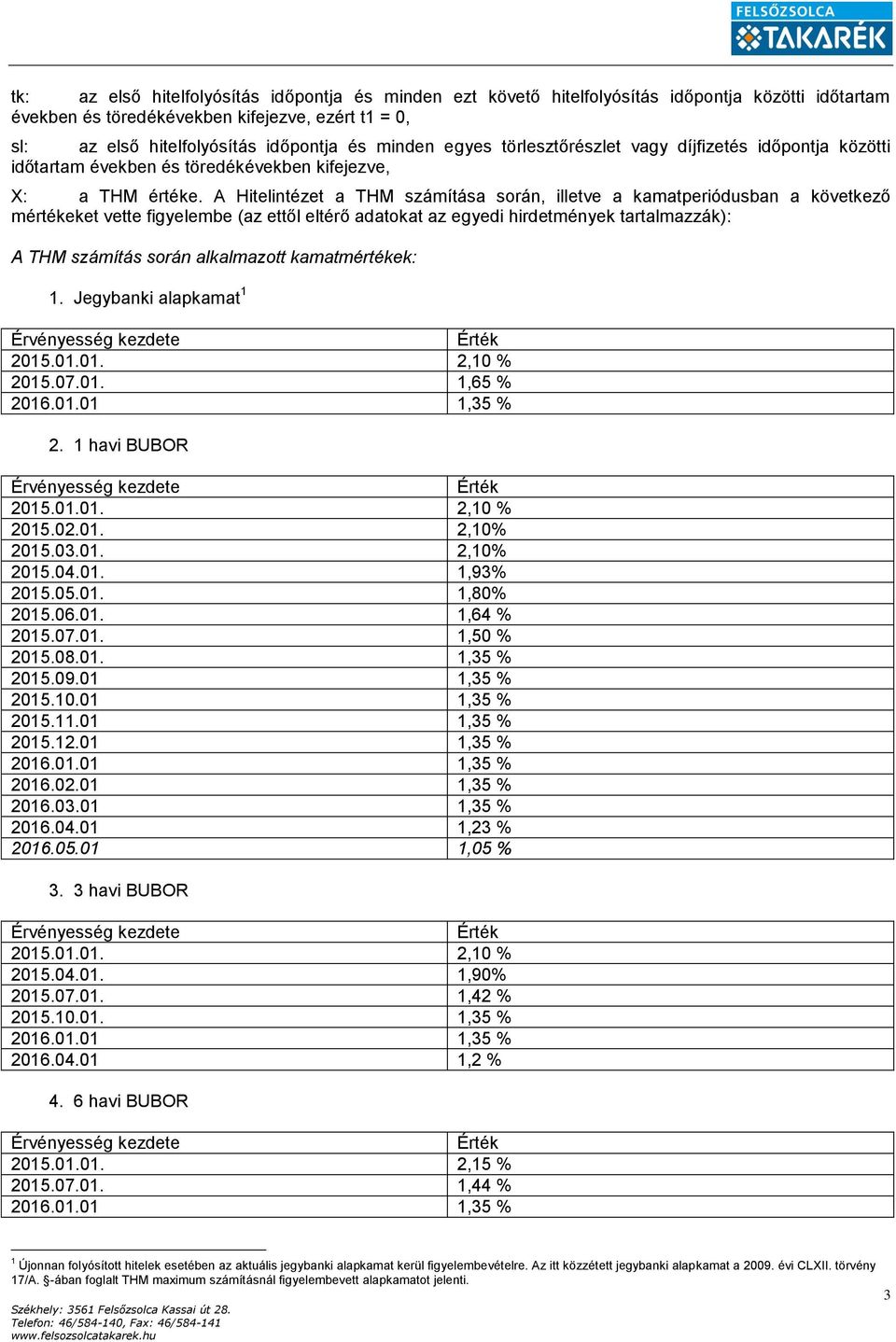 A Hitelintézet a THM számítása során, illetve a kamatperiódusban a következő mértékeket vette figyelembe (az ettől eltérő adatokat az egyedi hirdetmények tartalmazzák): A THM számítás során