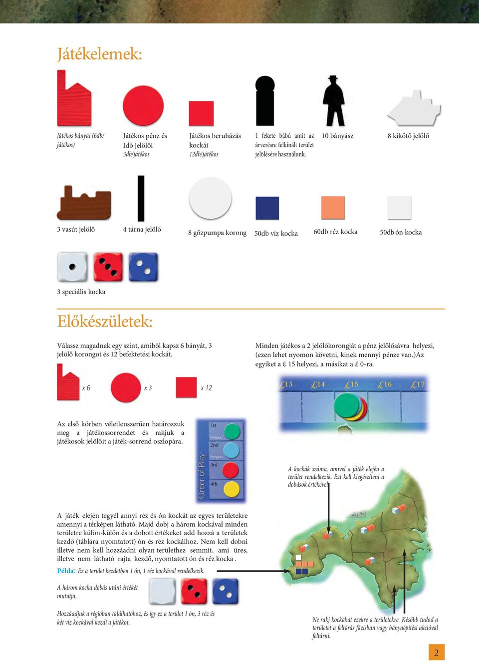 bányát, 3 jelölő korongot és 12 befektetési kockát. Minden játékos a 2 jelölőkorongját a pénz jelölősávra helyezi, (ezen lehet nyomon követni, kinek mennyi pénze van.