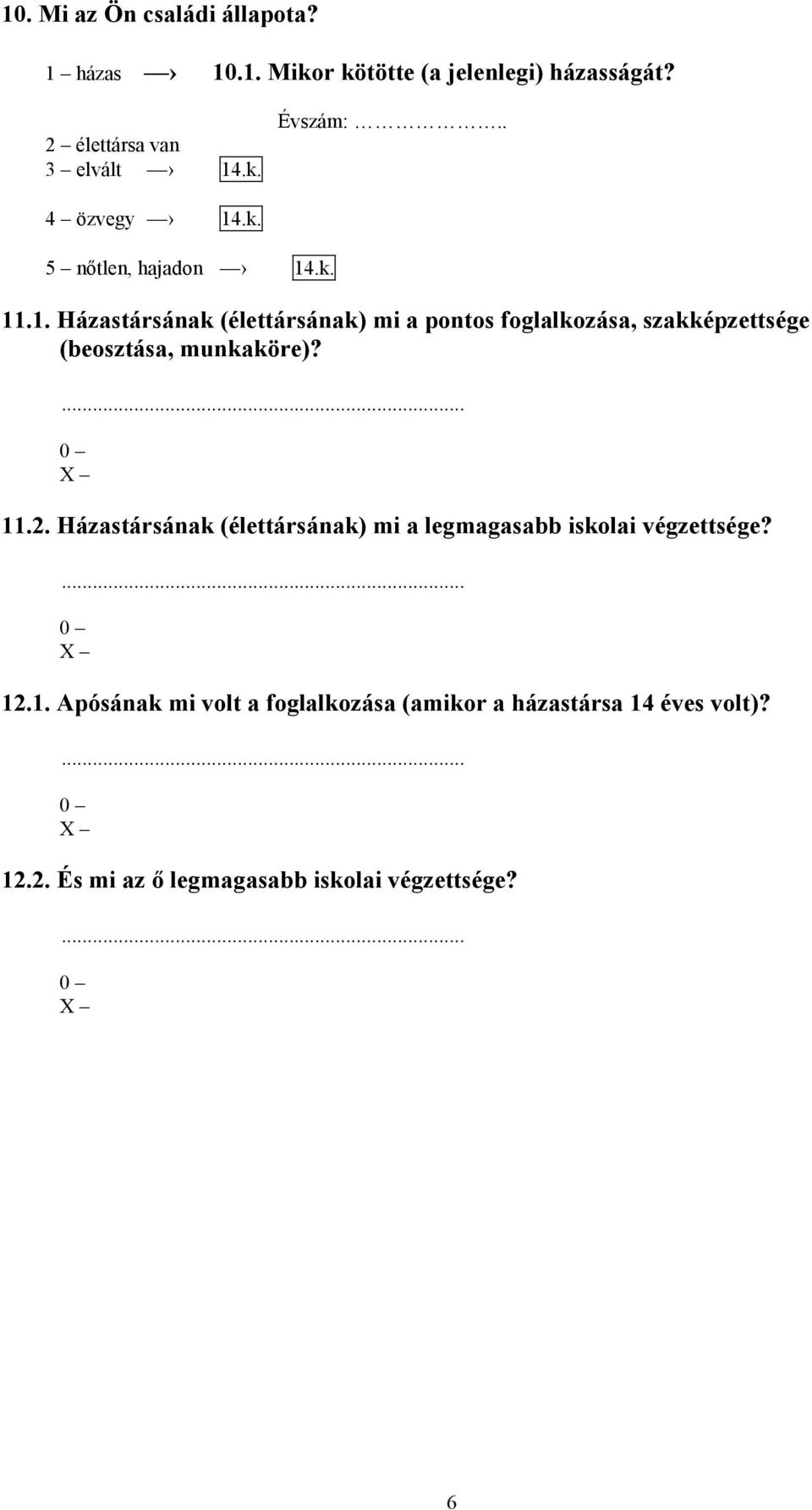 ... 11.2. Házastársának (élettársának) mi a legmagasabb iskolai végzettsége?... 12.1. Apósának mi volt a foglalkozása (amikor a házastársa 14 éves volt)?