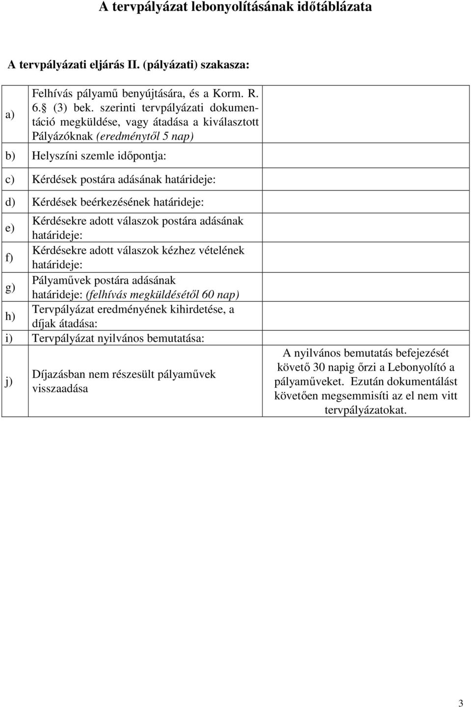 beérkezésének határideje: e) Kérdésekre adott válaszok postára adásának határideje: f) Kérdésekre adott válaszok kézhez vételének határideje: g) Pályamővek postára adásának határideje: (felhívás