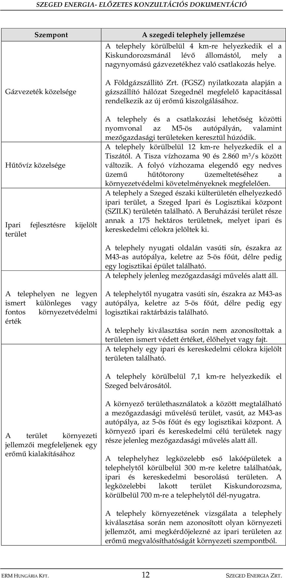 (FGSZ) nyilatkozata alapján a gázszállító hálózat Szegednél megfelel kapacitással rendelkezik az új er m kiszolgálásához.