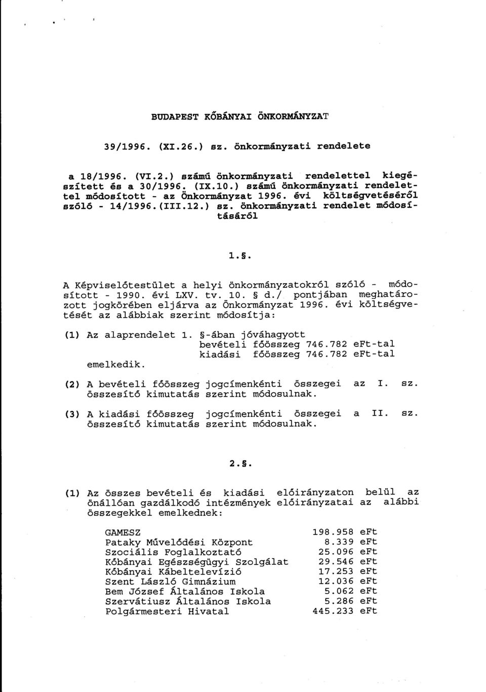 / pontjában meghatározott jogkörében eljárva az Önkormányzat 1996. évi költségvetését az alábbiak szerint módosítja: (l) Az alaprendelet l. -ában jóváhagyott bevételi főösszeg 746.