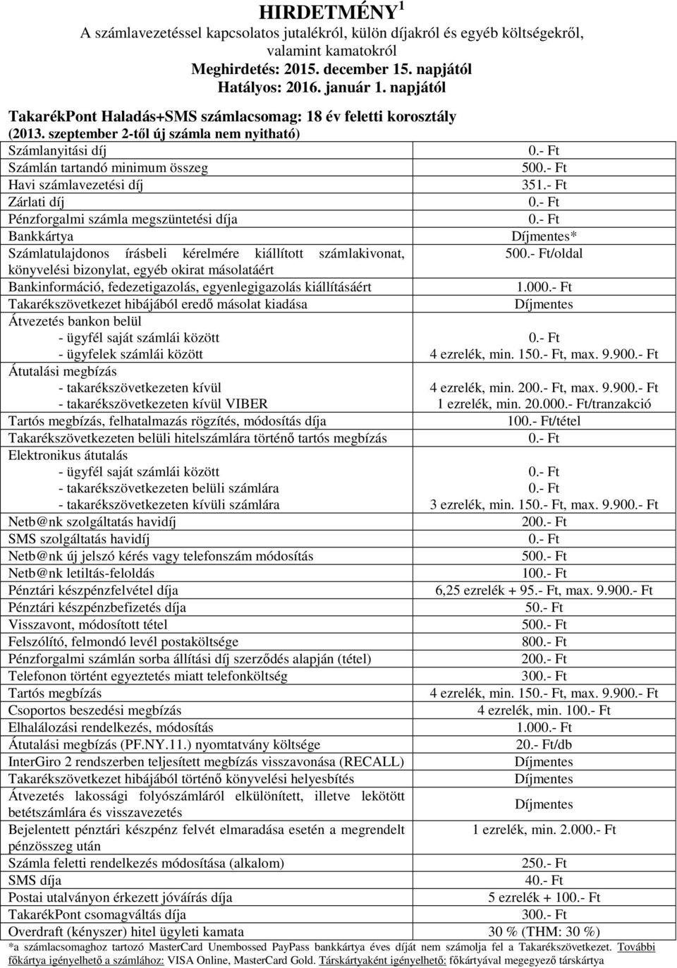 00 2/db Bejelentett pénztári készpénz felvét elmaradása esetén a megrendelt 1 ezrelék, min. 2.00 25 4 5 ezrelék + 10 30 *a számlacsomaghoz tartozó MasterCard Unembossed PayPass bankkártya éves díját nem számolja fel a Takarékszövetkezet.