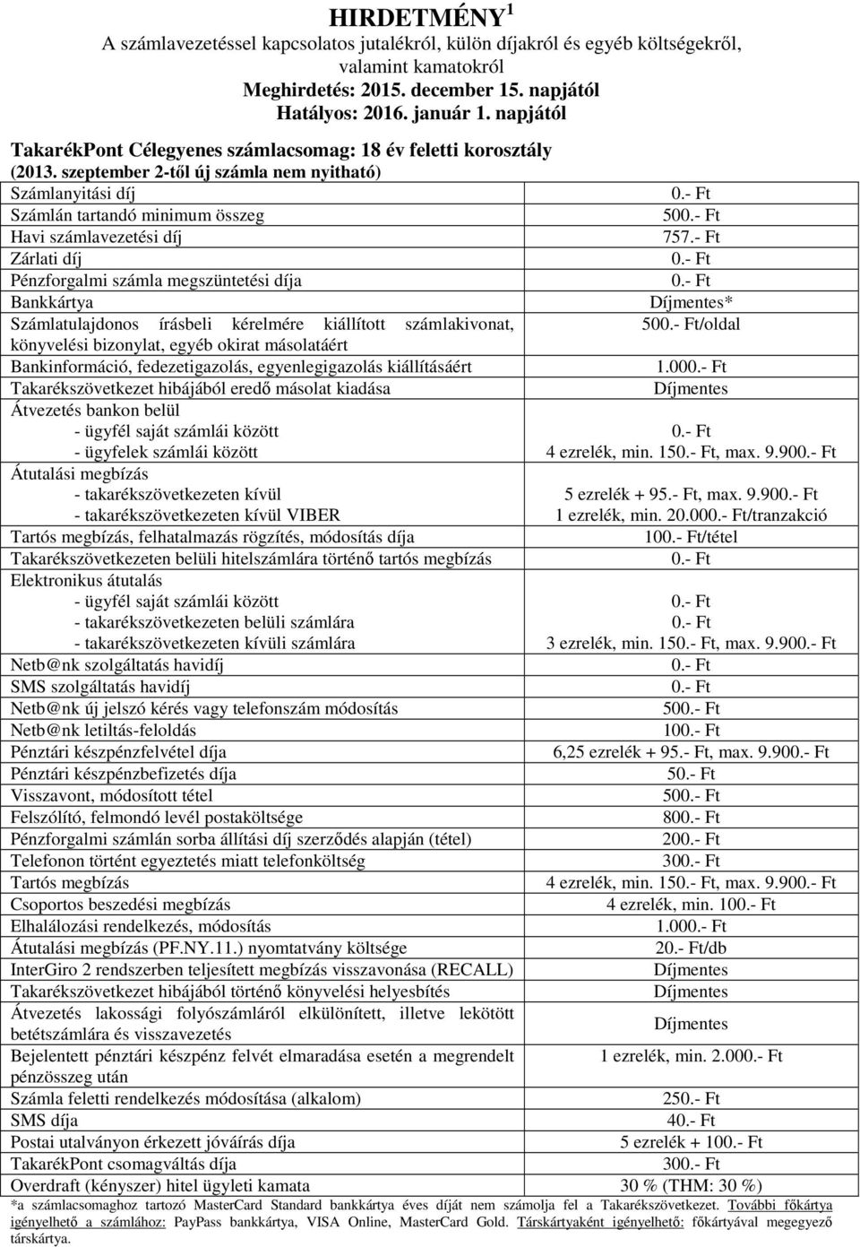 10 1.00 2/db Bejelentett pénztári készpénz felvét elmaradása esetén a megrendelt 1 ezrelék, min. 2.00 25 4 5 ezrelék + 10 30 *a számlacsomaghoz tartozó MasterCard Standard bankkártya éves díját nem számolja fel a Takarékszövetkezet.