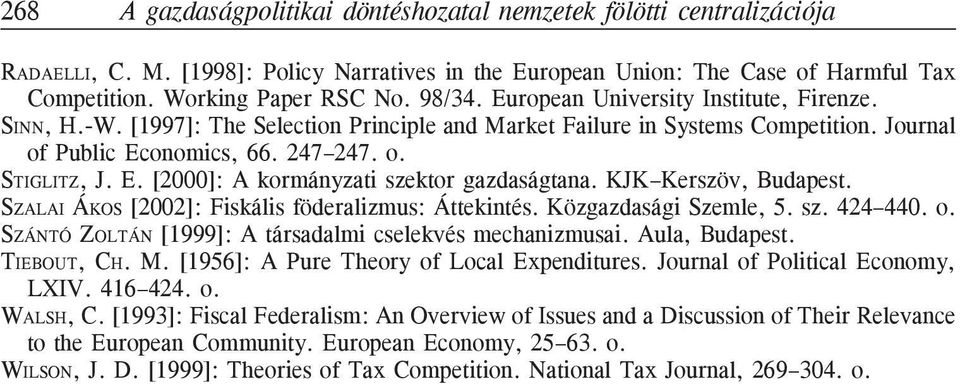 KJK Kerszöv, Budapest. SZALAI ÁKOS [2002]: Fiskális föderalizmus: Áttekintés. Közgazdasági Szemle, 5. sz. 424 440. o. SZÁNTÓ ZOLTÁN [1999]: A társadalmi cselekvés mechanizmusai. Aula, Budapest.