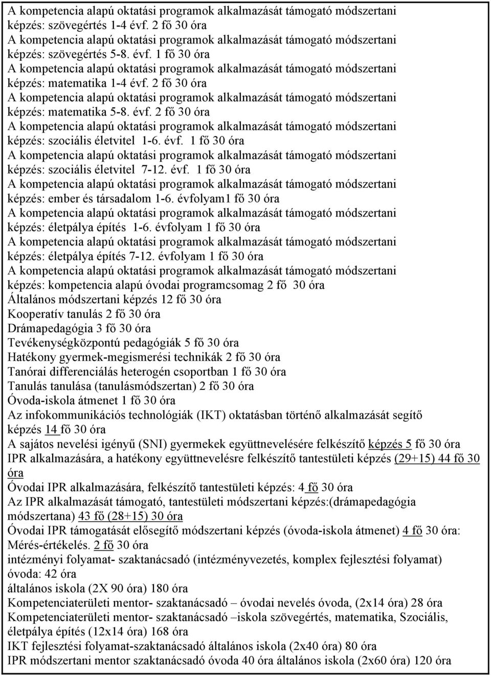 évfolyam 1 fő 30 óra képzés: életpálya építés 7-12.