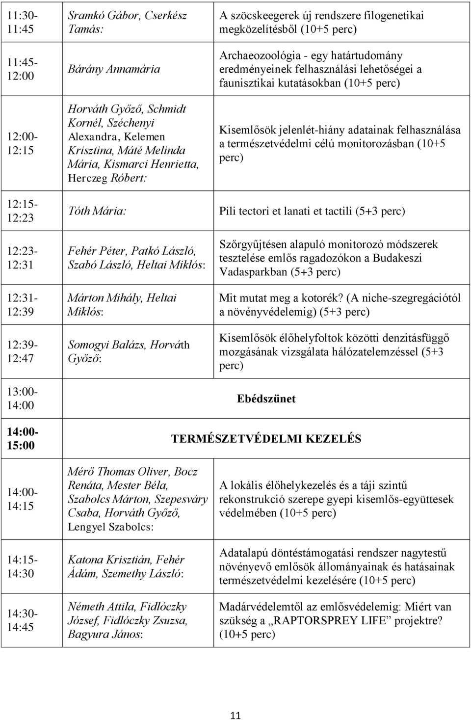 Győző: A szöcskeegerek új rendszere filogenetikai megközelítésből (10+5 perc) Archaeozoológia - egy határtudomány eredményeinek felhasználási lehetőségei a faunisztikai kutatásokban (10+5 perc)