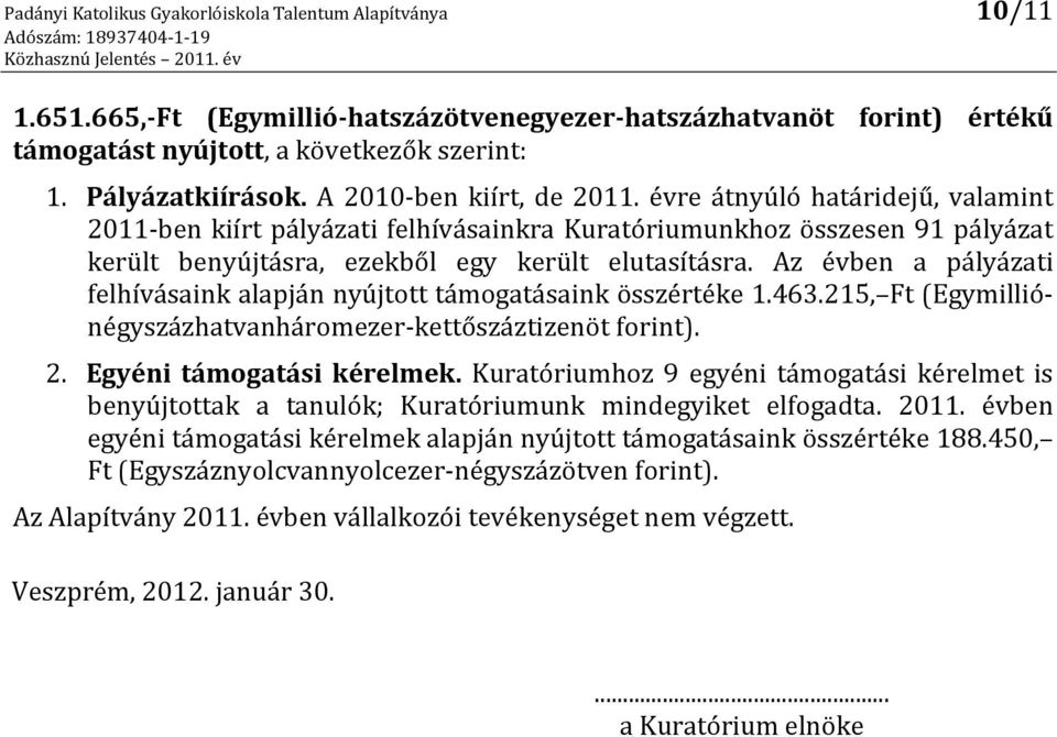 Az évben a pályázati felhívásaink alapján nyújtott támogatásaink összértéke 1.463.215, Ft (Egymilliónégyszázhatvanháromezer-kettőszáztizenöt forint). 2. Egyéni támogatási kérelmek.