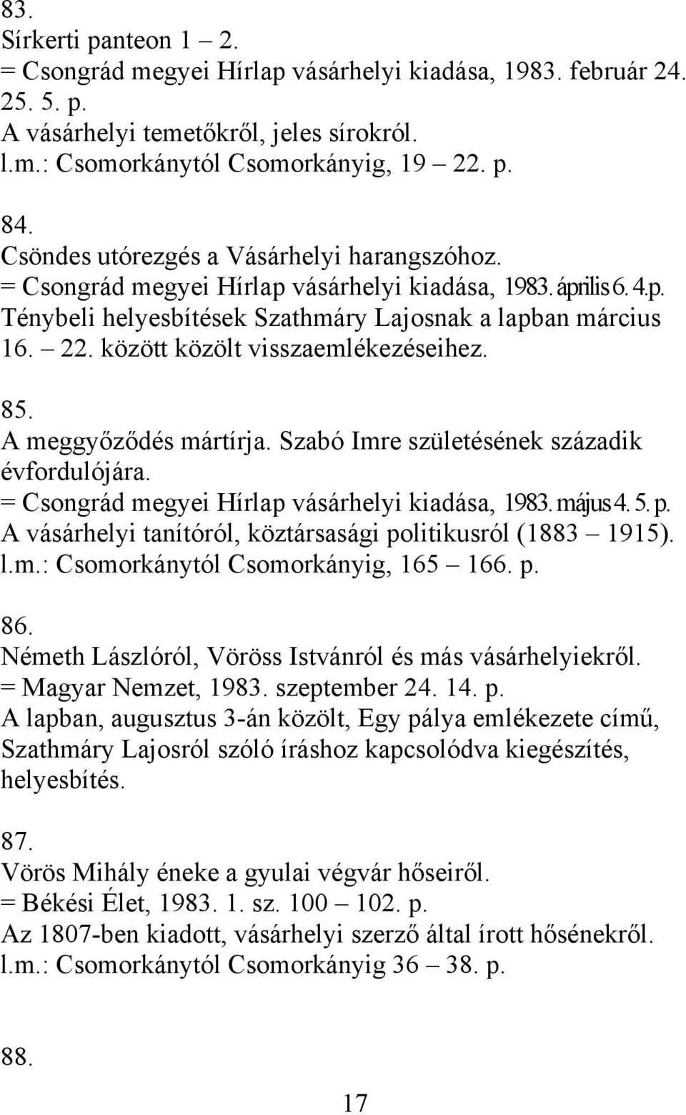 között közölt visszaemlékezéseihez. 85. A meggyőződés mártírja. Szabó Imre születésének századik évfordulójára. = Csongrád megyei Hírlap vásárhelyi kiadása, 1983. május 4. 5. p.