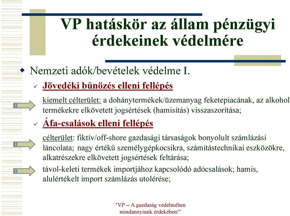 (hamisítás) visszaszorítása; Áfa-csalások elleni fellépés célterület: fikí/ff fiktív/off-shore gazdasági társaságok á kbonyolult l számlázási á