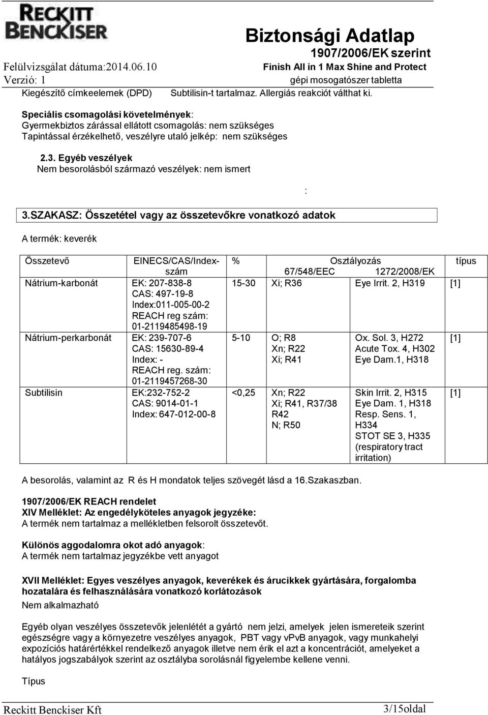 Egyéb veszélyek Nem besorolásból származó veszélyek: nem ismert 3.