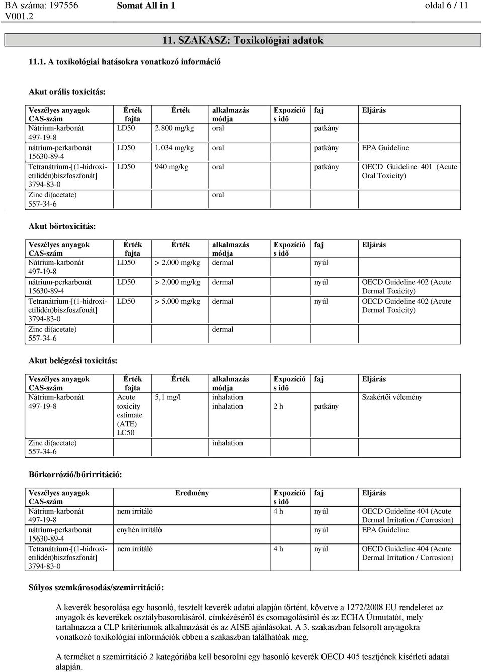 034 mg/kg oral patkány EPA Guideline LD50 940 mg/kg oral patkány OECD Guideline 401 (Acute Oral Toxicity) oral alkalmazás Expozíció ta módja s idő LD50 > 2.000 mg/kg dermal nyúl LD50 > 2.