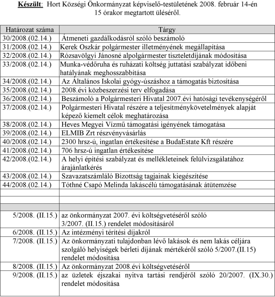 (02.14.) 2008.évi közbeszerzési terv elfogadása 36/2008.(02.14.) Beszámoló a Polgármesteri Hivatal 2007.évi hatósági tevékenységéről 37/2008.(02.14.) Polgármesteri Hivatal részére a teljesítménykövetelmények alapját képező kiemelt célok meghatározása 38/2008.