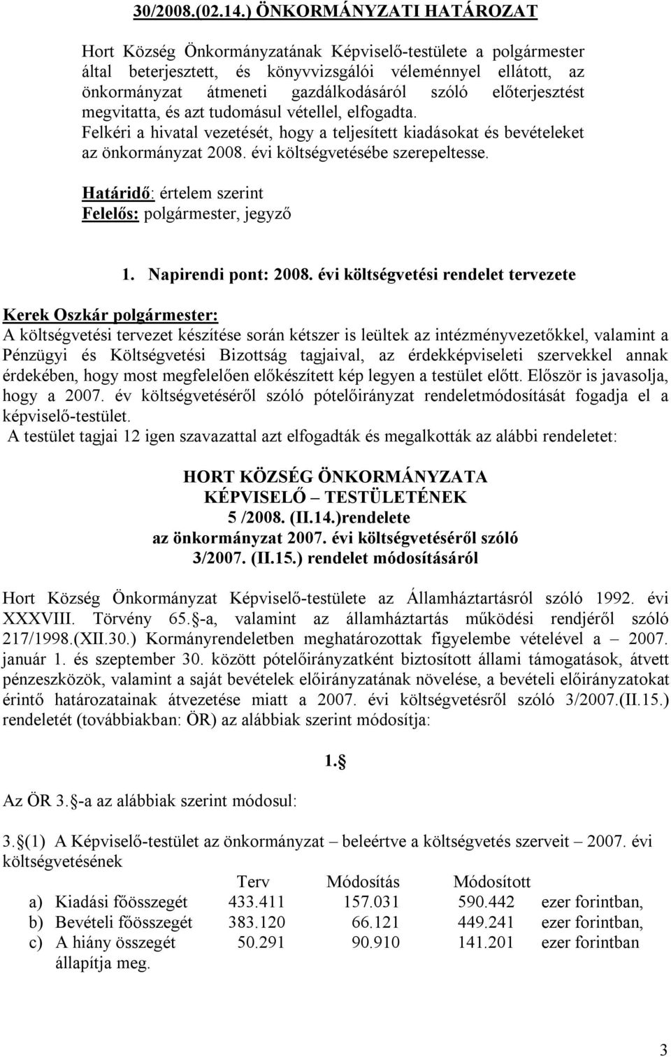 előterjesztést megvitatta, és azt tudomásul vétellel, elfogadta. Felkéri a hivatal vezetését, hogy a teljesített kiadásokat és bevételeket az önkormányzat 2008. évi költségvetésébe szerepeltesse.