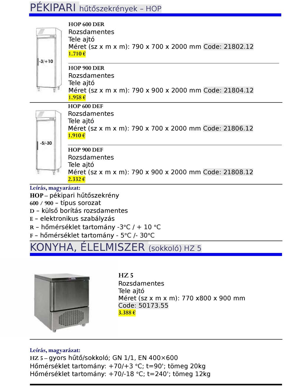 332 Leírás, magyarázat: HOP pékipari hűtőszekrény 600 / 900 típus sorozat D külső borítás rozsdamentes E elektronikus szabályzás R hőmérséklet tartomány -3 C / + 10 C F hőmérséklet tartomány - 5 C