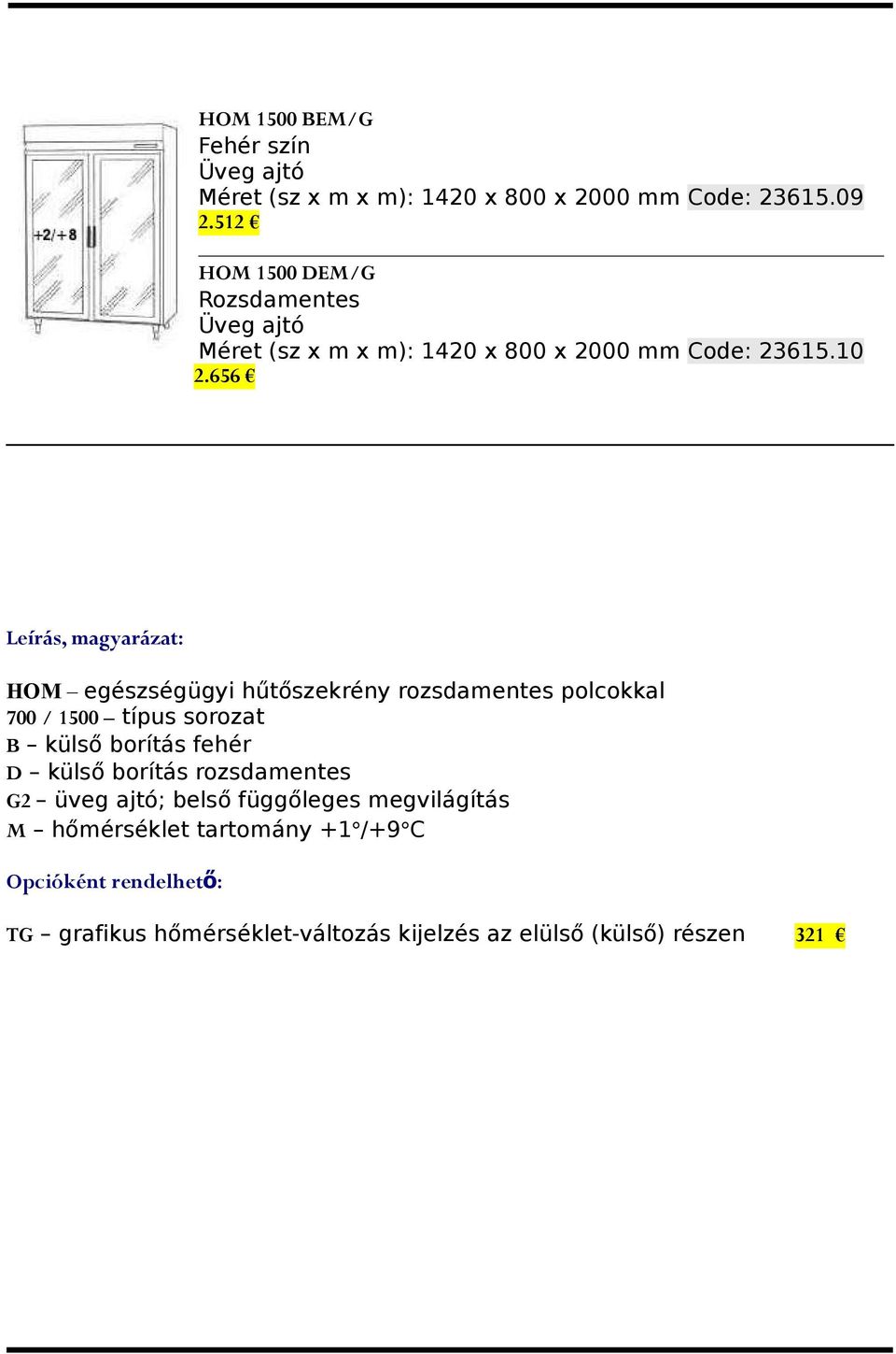 656 Leírás, magyarázat: HOM egészségügyi hűtőszekrény rozsdamentes polcokkal 700 / 1500 típus sorozat B külső borítás