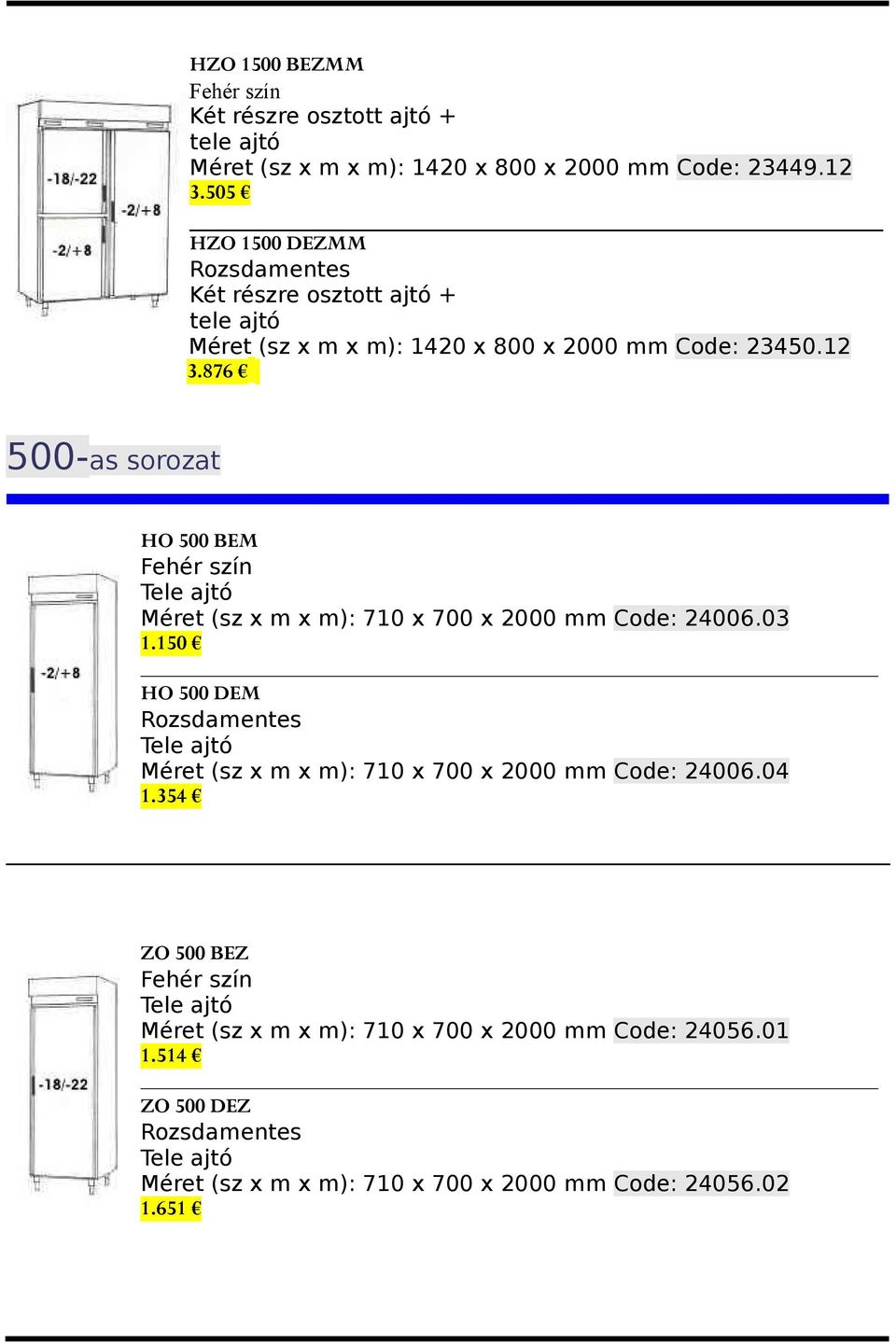 876 500-as sorozat HO 500 BEM Méret (sz x m x m): 710 x 700 x 2000 mm Code: 24006.03 1.