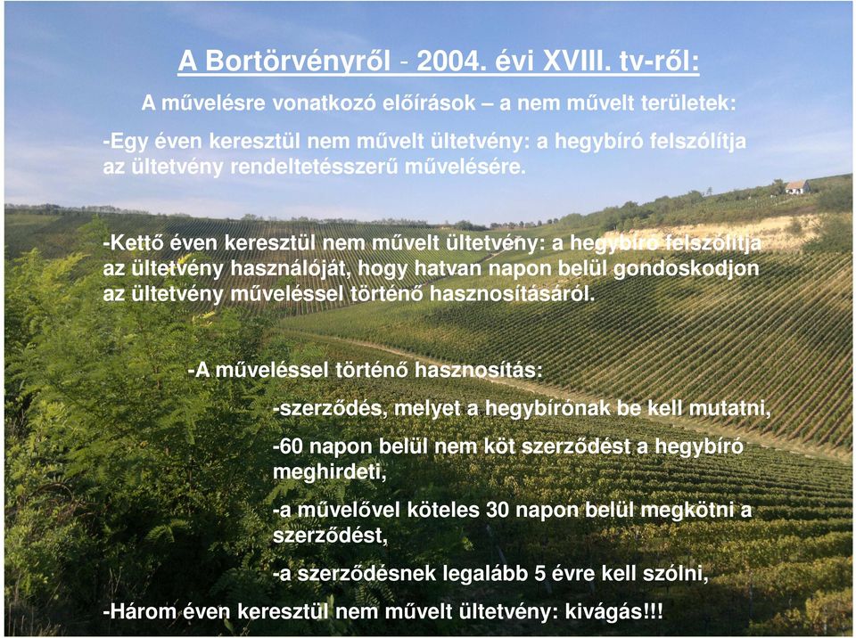 -Kettő éven keresztül nem művelt ültetvény: a hegybíró felszólítja az ültetvény használóját, hogy hatvan napon belül gondoskodjon az ültetvény műveléssel történő