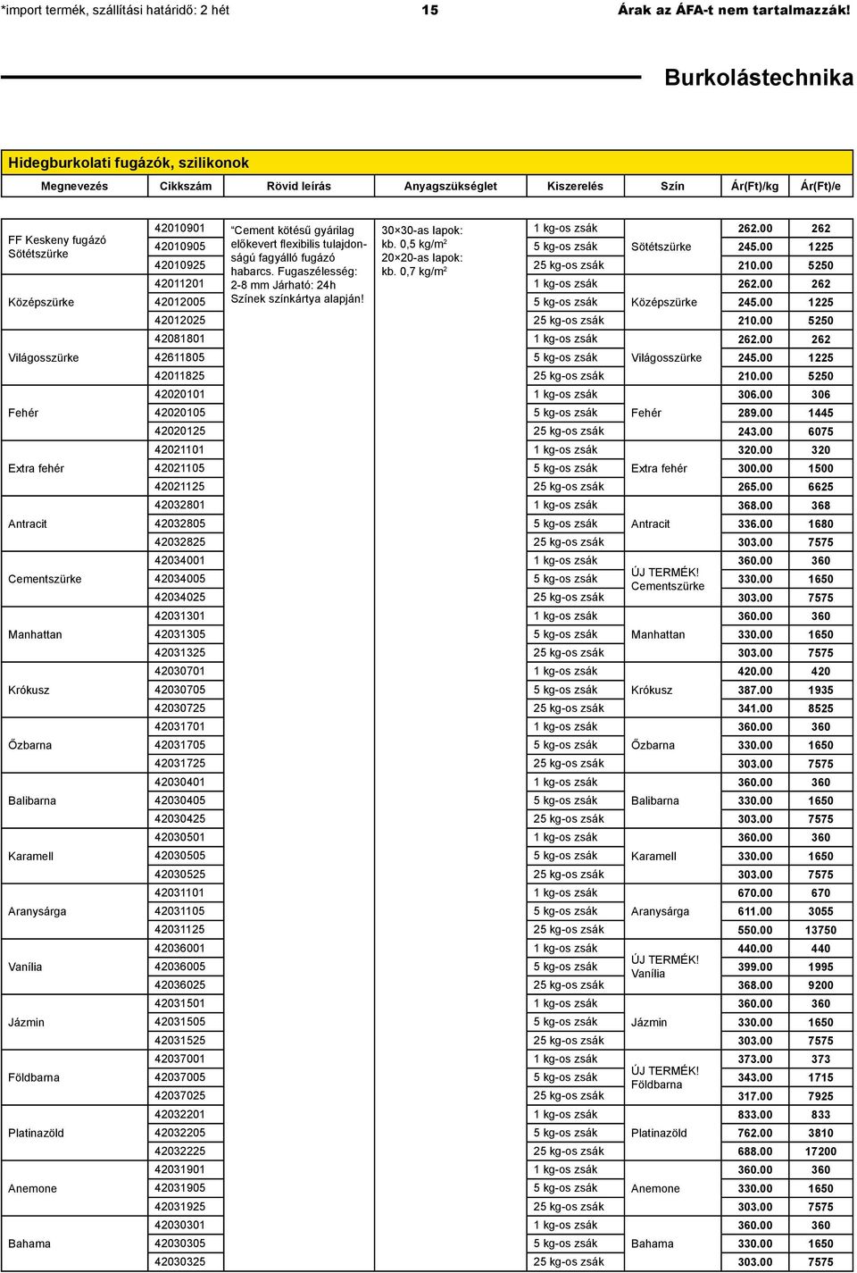 Extra fehér Antracit Cementszürke Manhattan Krókusz Őzbarna Balibarna Karamell Aranysárga Vanília Jázmin Földbarna Platinazöld Anemone Bahama 42010901 Cement kötésű gyárilag 30 30-as lapok: 1 kg-os