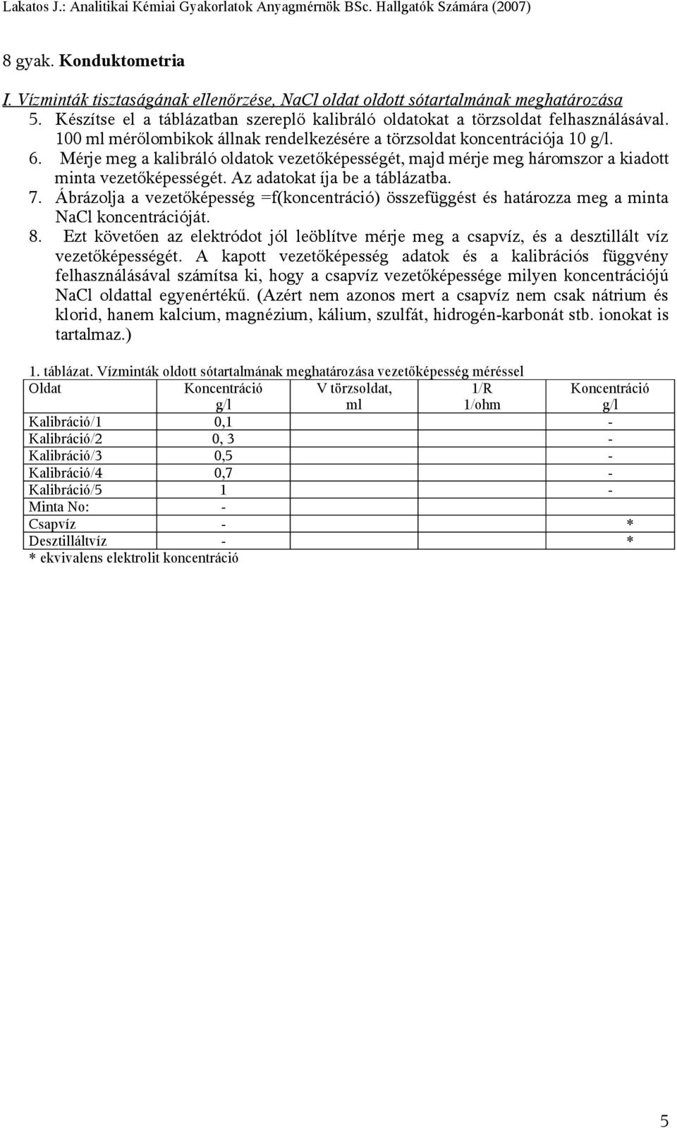 Az adatokat íja be a táblázatba. 7. Ábrázolja a vezetőképesség =f(koncentráció) összefüggést és határozza meg a minta NaCl koncentrációját. 8.