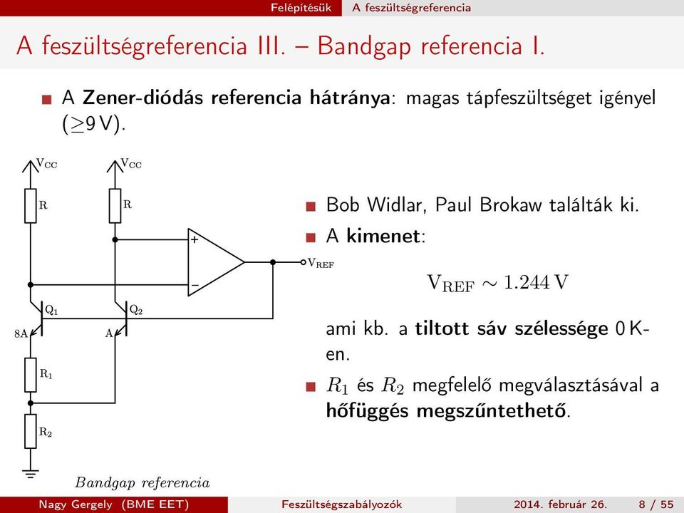 + _ Bob Widlar, Paul Brokaw találták ki. A kimenet: V REF 1.244 V ami kb.