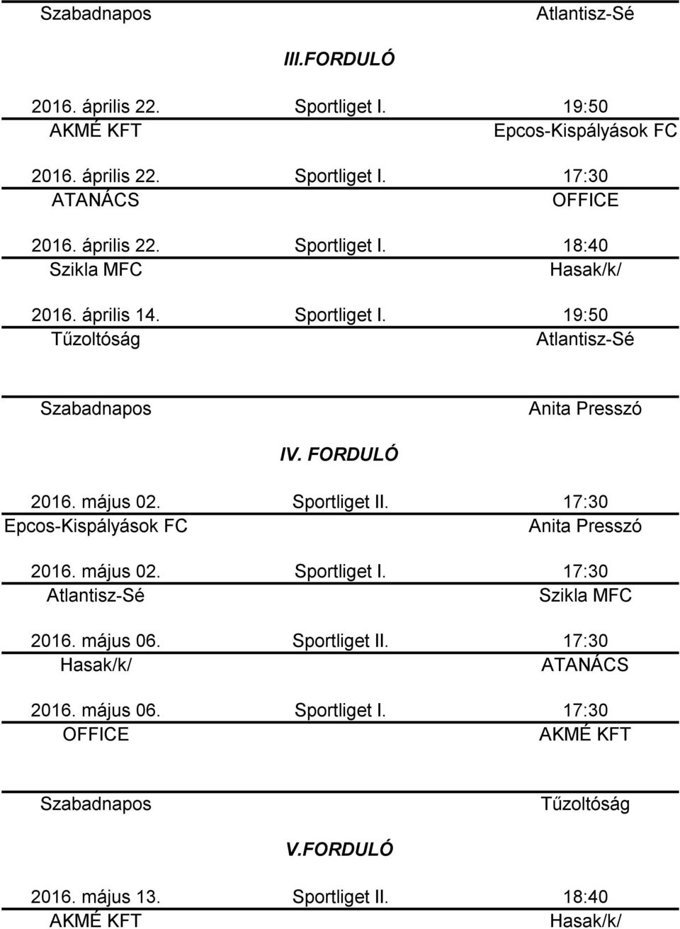 Sportliget II. 2016. május 06. Sportliget I. V.FORDULÓ 2016. május 13.