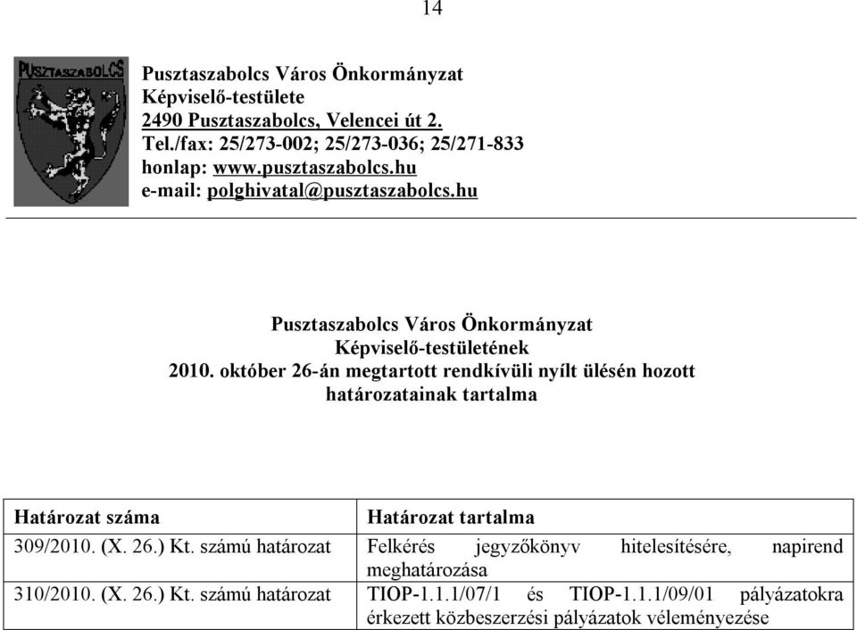 október 26-án megtartott rendkívüli nyílt ülésén hozott határozatainak tartalma Határozat száma Határozat tartalma 309/2010. (X. 26.) Kt.