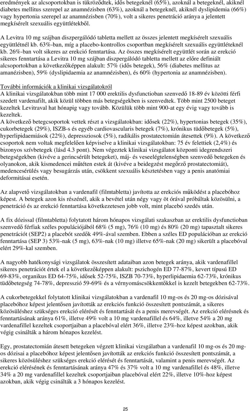 A Levitra 10 mg szájban diszpergálódó tabletta mellett az összes jelentett megkísérelt szexuális együttlétnél kb. 63%-ban, míg a placebo-kontrollos csoportban megkísérelt szexuális együttléteknél kb.