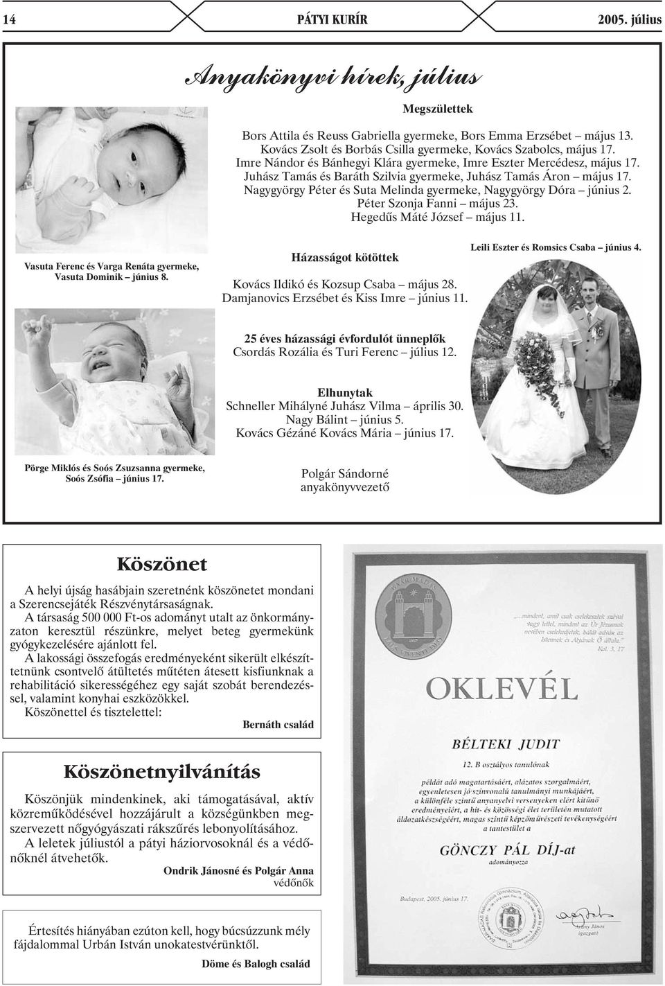 Nagygyörgy Péter és Suta Melinda gyermeke, Nagygyörgy Dóra június 2. Péter Szonja Fanni május 23. Hegedûs Máté József május 11. Vasuta Ferenc és Varga Renáta gyermeke, Vasuta Dominik június 8.