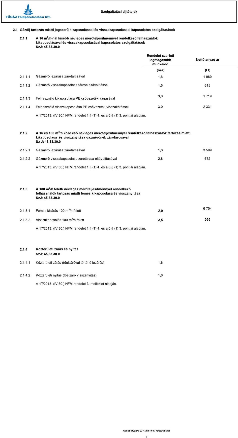 1.1.4 Felhasználó visszakapcsolása PE csővezeték visszakötéssel 3,0 2 331 A 17/2013. (IV.30.) NFM rendelet 1. (1) 4. és a 6. (1) 3. pontjai alapján. 2.1.2 A 16 és 100 m 3 /h közé eső névleges mérőteljesítménnyel rendelkező felhasználók tartozás miatti kikapcsolása és visszanyitása gázmérőnél, zárótárcsával Sz J: 45.