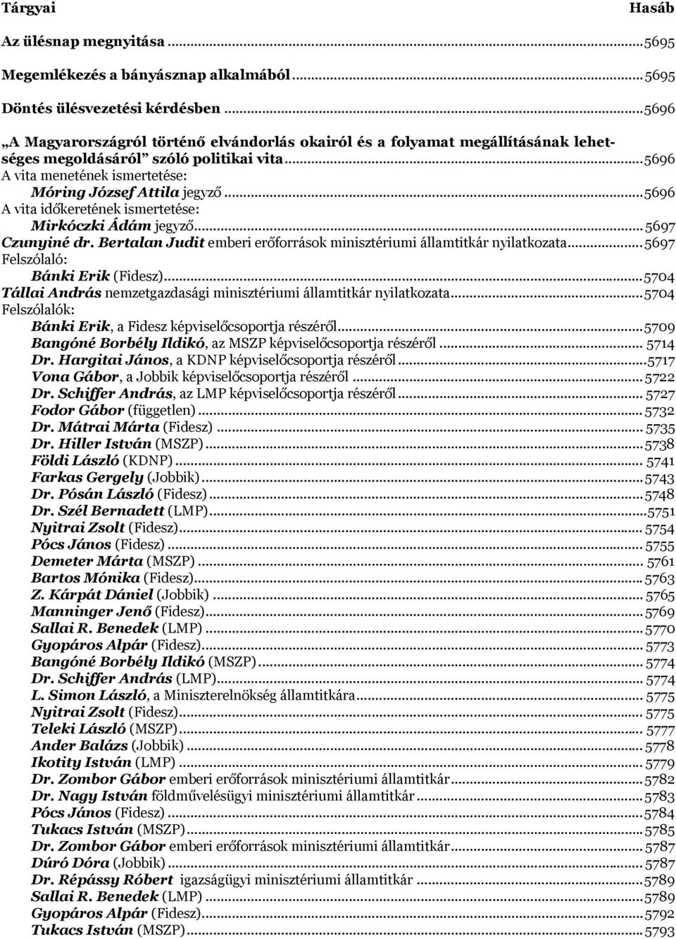 .. 5696 A vita időkeretének ismertetése: Mirkóczki Ádám jegyző... 5697 Czunyiné dr. Bertalan Judit emberi erőforrások minisztériumi államtitkár nyilatkozata... 5697 Felszólaló: Bánki Erik (Fidesz).