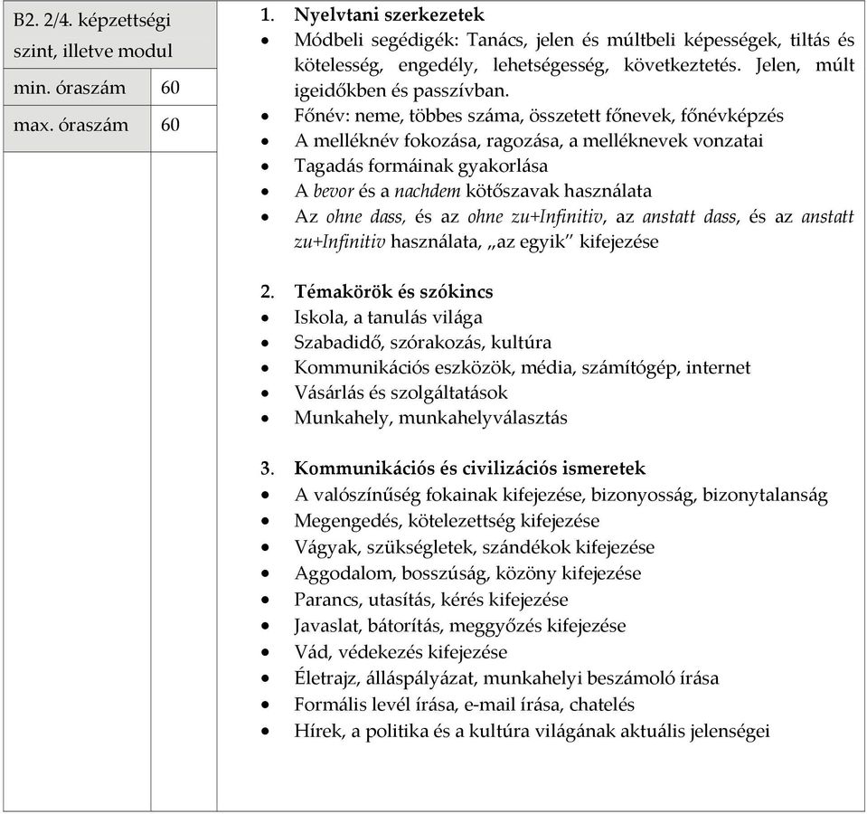 Főnév: neme, többes száma, összetett főnevek, főnévképzés A melléknév fokozása, ragozása, a melléknevek vonzatai Tagadás formáinak gyakorlása A bevor és a nachdem kötőszavak használata Az ohne dass,