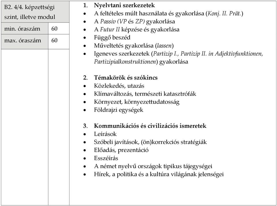 in Adjektivfunktionen, Partizipialkonstruktionen) gyakorlása Közlekedés, utazás Klímaváltozás, természeti katasztrófák Környezet, környezettudatosság Földrajzi