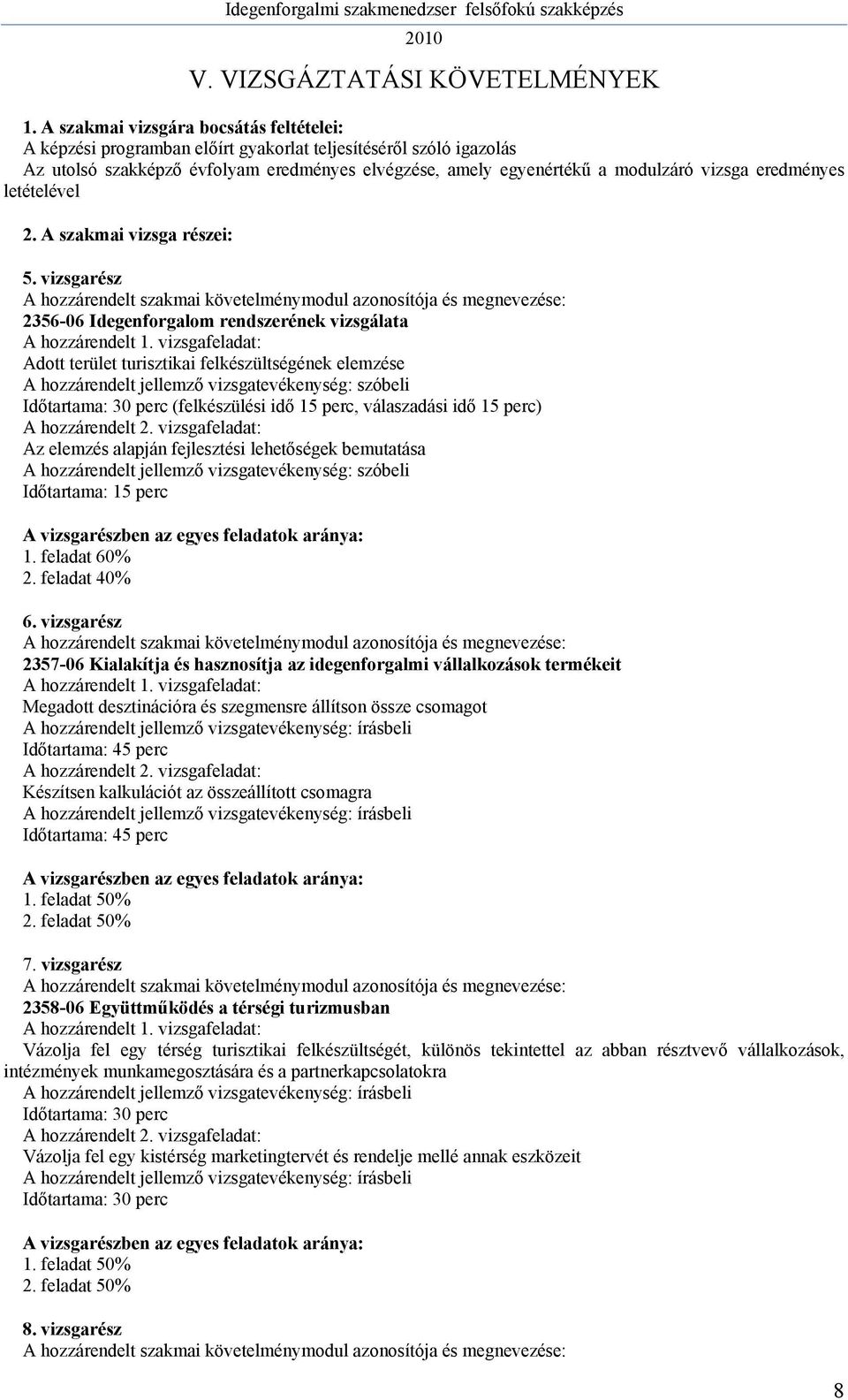 eredményes letételével 2. A szakmai vizsga részei: 5. vizsgarész A hozzárendelt szakmai követelménymodul azonosítója és megnevezése: 2356-06 Idegenforgalom rendszerének vizsgálata A hozzárendelt 1.