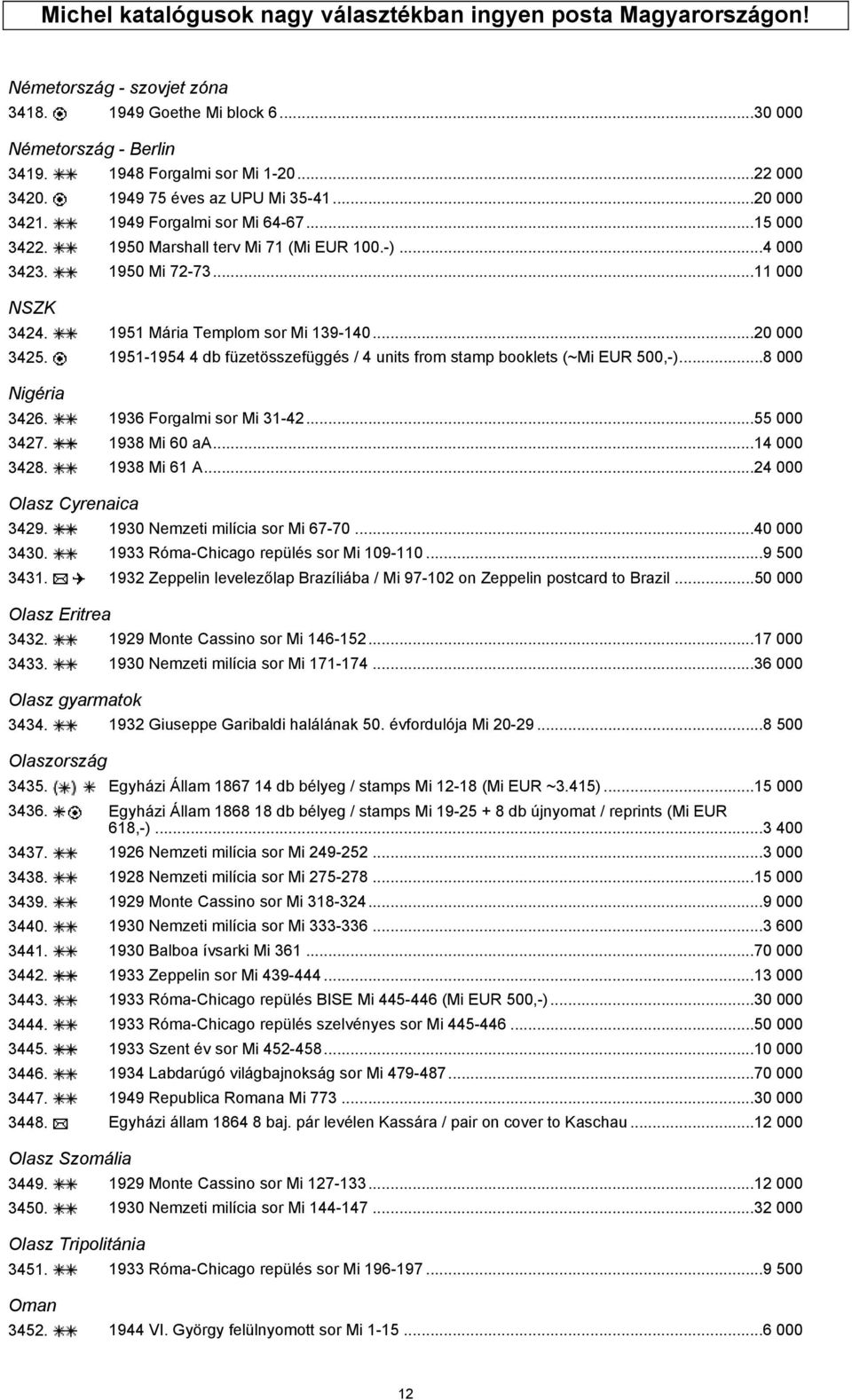 1951 Mária Templom sor Mi 139-140...20 000 3425. 1951-1954 4 db füzetösszefüggés / 4 units from stamp booklets (~Mi EUR 500,-)...8 000 Nigéria 3426. 1936 Forgalmi sor Mi 31-42...55 000 3427.