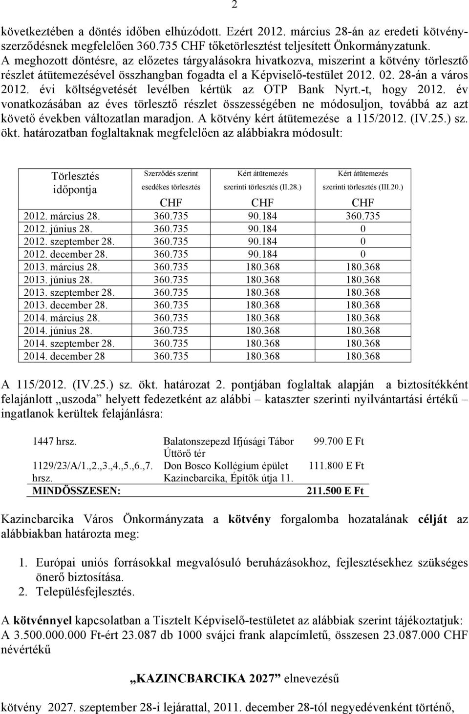 évi költségvetését levélben kértük az OTP Bank Nyrt.-t, hogy 2012. év vonatkozásában az éves törlesztő részlet összességében ne módosuljon, továbbá az azt követő években változatlan maradjon.